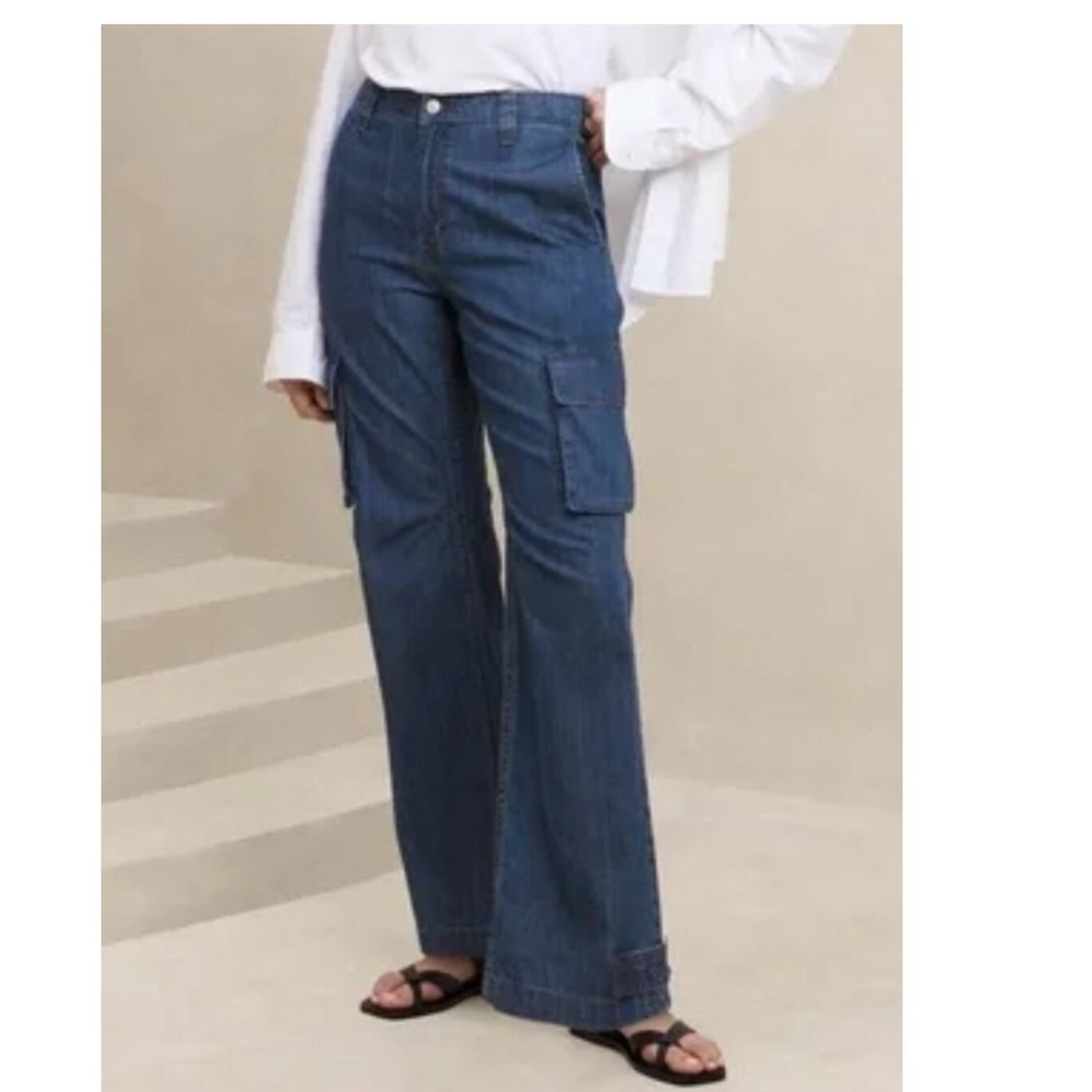 Banana Republic Barrel Cargo Jeans Blue Denim High Rise Utility Pants 29/8R‎ NEW